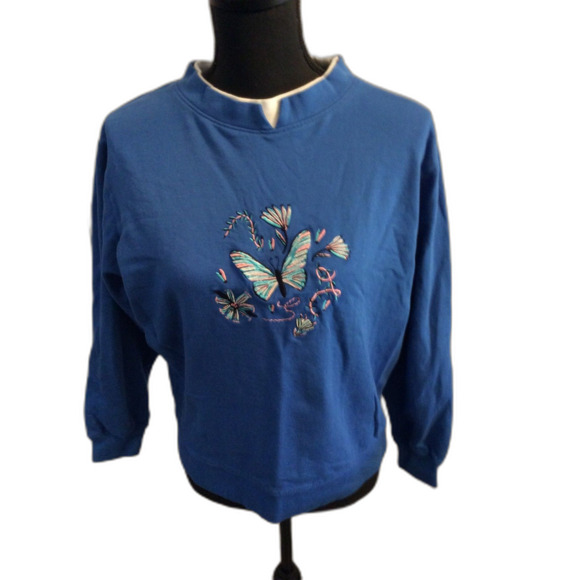 Grandma Cottagecore Vintage Sweatshirt Butterflies Cotton Medium M Blue - Picture 1 of 3